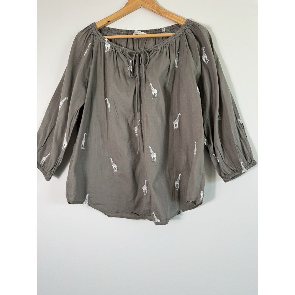 Loft Women's Embroidered Top Giraffe Tie-Neck Blouse Size S 3/4 Sleeves - Picture 2 of 12